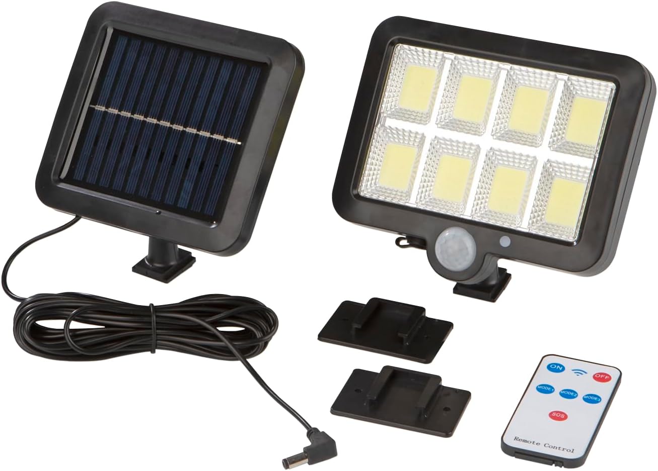 EASYmaxx LED-Solarstrahler mit Bewegungsmelder | Mit Dämmerungssensor und separatem Solarpanel zum Anbringen an der Hauswand, am Carport etc. | Inkl. Fernbedienung