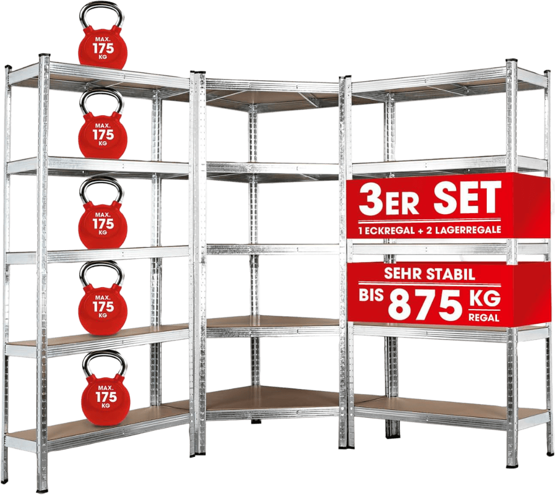 Eckregal aus Metall mit Holzplatten, gekennzeichnet als 3er-Set. Die Beschilderung gibt an, dass jedes Regal bis zu 175 kg belastbar ist, die Gesamtbelastung beträgt maximal 875 kg.